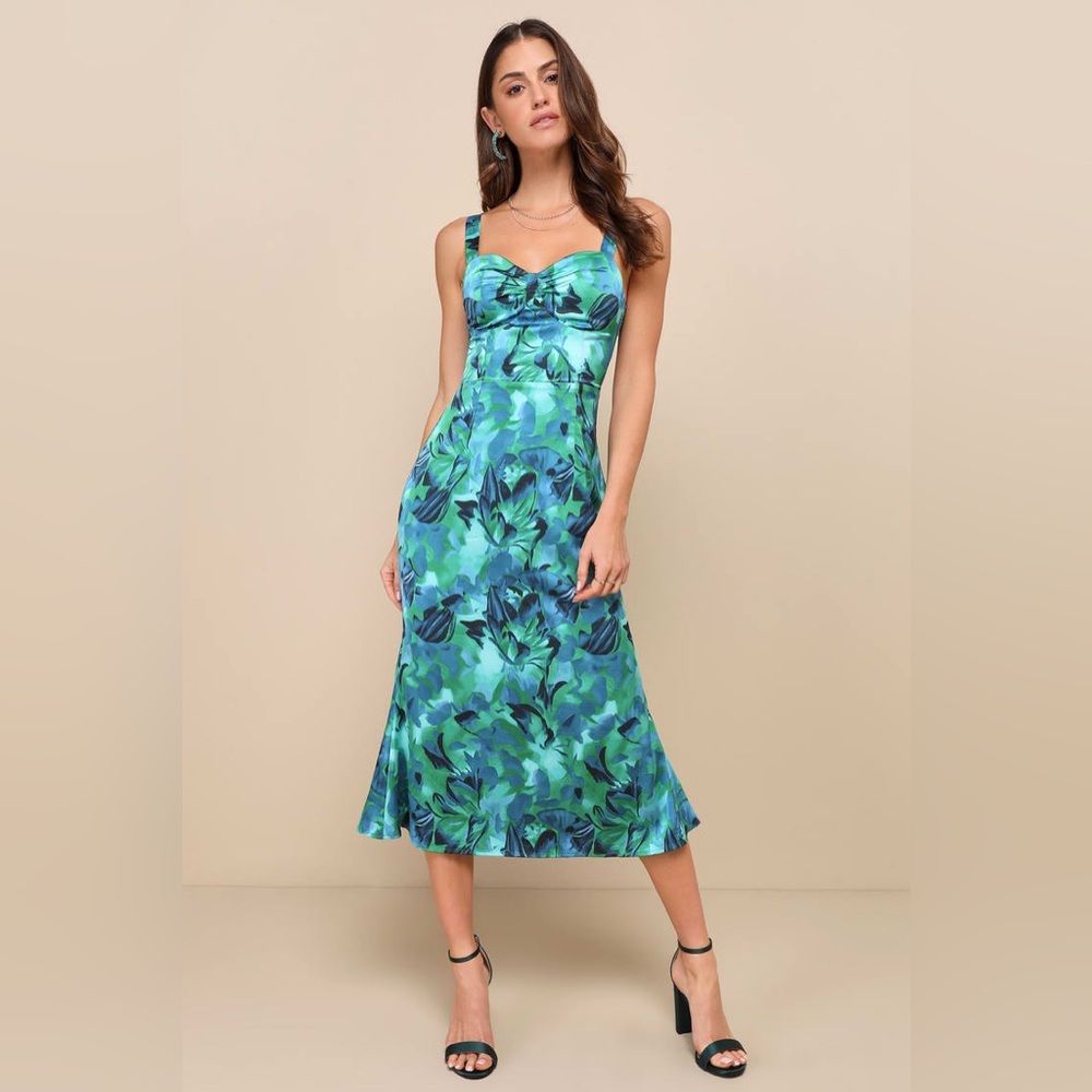 Lulus Blue Green Floral Midi Dress Fitted Slip Style Size S